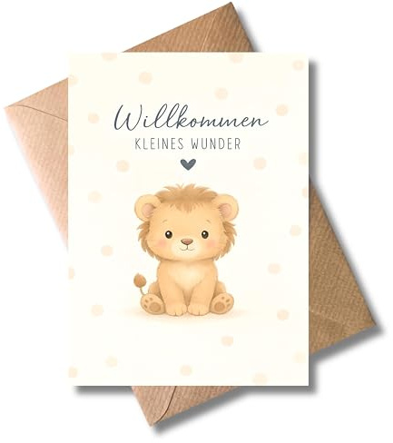 WBdesignz Tarjeta de felicitación para nacimiento de bienvenida con sobre, dulce tarjeta de nacimiento con bonito diseño de león para niñas y niños, tarjeta de bebé unisex para padres (DIN A6)