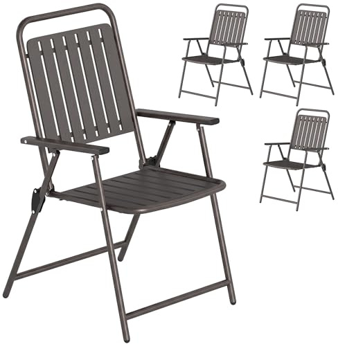 Outsunny Juego de 4 Sillas de Jardín Exterior Plegables 55x63x93 cm Marrón | Sillas Terraza Exterior con Reposabrazos, Respaldo y Asiento de PP, Marco Metálico