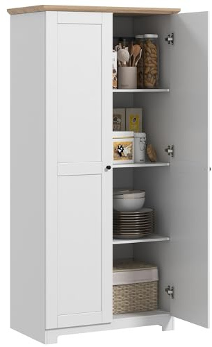 HOMCOM 172cm Kitchen Cupboard, Freestanding Storage Cabinet with Doors and Shelves, Modern 2-Door Kitchen Pantry Cupboard for Dining Room, White