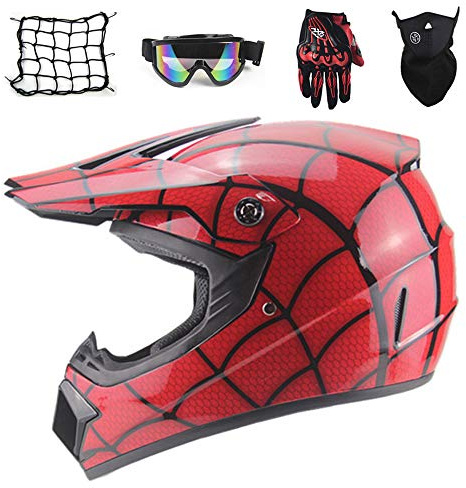 Casque Moto Enfant, Rouge/ araignée, Casque VTT Integral Casque Motocross avec Lunettes (5 PCS) Casque Hors Route Set Protection Moto Enduro BMX Velo Quad ATV Scooter (B,S)
