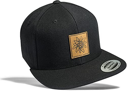 Baddery Outdoor Cap : Edelweiß (Leder-Patch) - Kappe Herren & Damen - Kletter Ausrüstung Wander Zubehör (Schwarz - One Size)