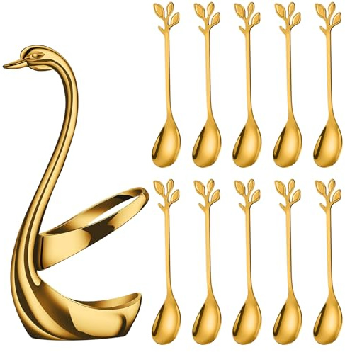 AnSaw Gold Small Coffee Spoon Holder Set,Swan Base With 10 Pcs Demitasse Espresso Spoons Set,4.7 Mini Leaf Dessert Spoon,Stainless Steel Tea Spoons
