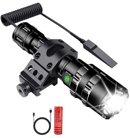 WINDFIRE Torcia LED da caccia tattica, luce da caccia ricaricabile USB da 80000 lumen con montaggio su guida, luce torcia a 5 modalità pressostato remoto per la caccia in campeggio in bicicletta
