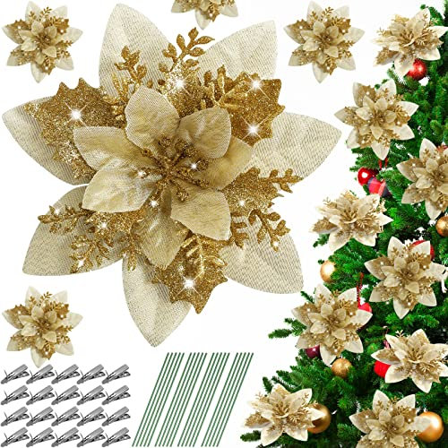 Serwalin Lot de 20 Fleurs Poinsettia artificielles Blanches 14 cm avec Clips tiges Paillettes pour décoration Sapin Noël, fête Mariage, Couronne, guirlandes, Bricolage (Dorées)