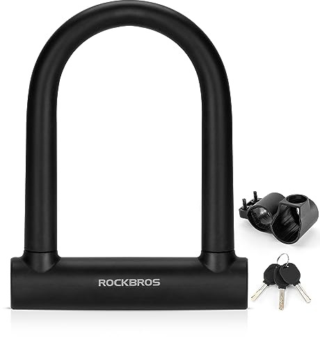 ROCKBROS U Lock Bike U Lock with Cable Heavy Duty Anti Theft Bike Lock U-Lock 4 ft Cable Mounting Bracket for Bikes eBikes Motorcycles Scooters