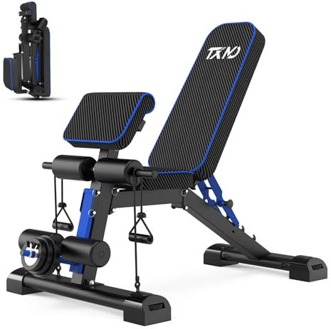 TXMO Verstellbare Hantelbank – Workout-Bank klappbar, ideal für Ganzkörper-Krafttraining, Neigungsneigung, flache Bankdrücken, vielseitige Bank für Heim-Fitness-Studio mit Beinstreckung (Blau)
