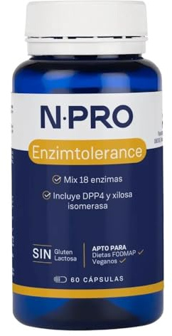 NPro SALUD INTESTINAL Enzimtolerance 60 Cápsulas – Suplemento con 18 Enzimas Digestivas, DPP4 y Xilosa Isomerasa - Mejora la Digestión de Gluten, Lactosa, Proteínas, Carbohidratos y Fibra Vegetal