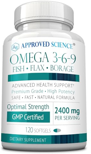 Approved Science Omega 3-6-9-2400mg Daily Blend of Fish, Flaxseed, and Borage Oils with Vitamin E - Wellness Support - Non-GMO, Mercury-Free - 120 Softgels - 2 Month Supply