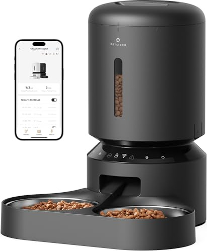 PETLIBRO Automatic Cat Feeder, 5G Wi-Fi Dual Cat Feeder with App Control for Dry Food, Low Food & Blockage Sensor, Stainless Steel Bowl, 1-10 Meals Per Day, 10s Meal Call for Cats and Dogs (5L, Black)