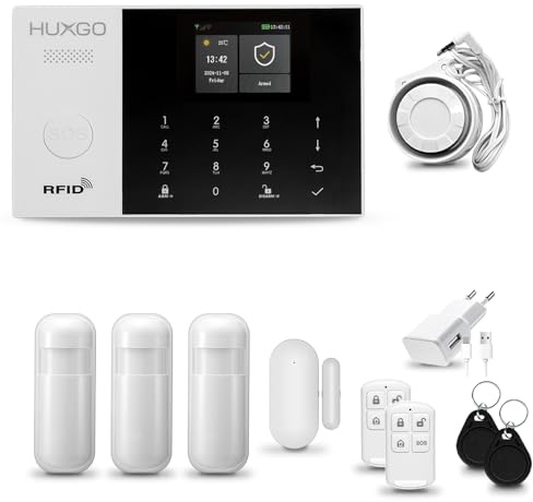 HUXGO® HXA005 Systeme d'alarme Maison WiFi + GSM avec Sirene | Alarme Maison avec capteur de fenêtre sans Fil, 3X détecteurs de Mouvement | Kit d'alarme Anti Intrusion pour Appartement