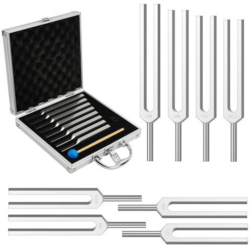 DiDiBirDi Stimmgabel Set mit 8 Stimmgabeln für Yoga - Chakra-Frequenzen (256 Hz, 288 Hz, 320 Hz, 341,3 Hz, 384 Hz, 426,6 Hz, 480 Hz, 512 Hz) mit Aluminium-Etui
