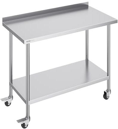 VEVOR 24 x 48 x 40 Inch Stainless Steel Work Table, Commercial Food Prep Worktable with Casters, Heavy Duty Prep Worktable, Metal Work Table with Adjustable Height for Restaurant, Home and Hotel