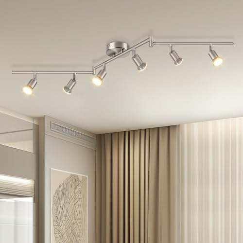 Dehobo Foco de Techo Rotación - Lámparas de Techo Níquel Mate de 6 Vías Gu10 LED Ligero 350 ° Ajustable Moderno Luces de Techo para Cocina Sala de Estar Sin Bombillas