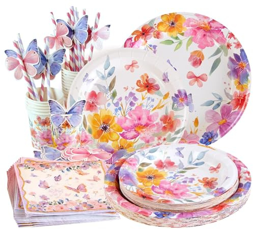 EASY JOY 80Pcs Wildflower Party Supplies Butterfly Party Tableware Sets | Floral Paper Plates Cups and Napkins for Girls for Spring Birthday Baby Shower Tea Party Decorations (16 Guests)