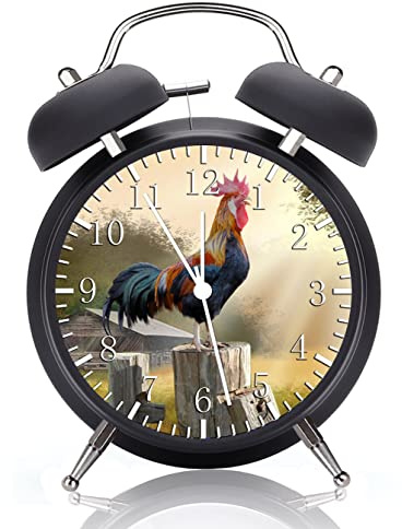 HDecor Twin Bell Rooster Farm Alarm Desk Clock with Night Light Quite Silent Non-Ticking 4 Inches Metak and Glass Face Great for Decor or Gifts G30