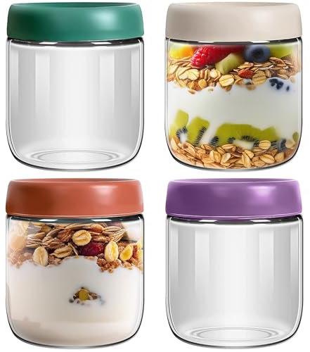 CRYSTALIA Leakproof Glass Overnight Oat Container 4pcs 450ml Lead-Free Glass Overnight Oat Jars with Lids, Breakfast Pots with Lids Glass Yogurt Jars with Lids Meal Glass Soup Container