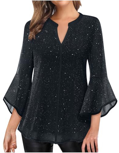 Tunique Femme Volants Manches 3/4 Chemisier Chic Et Élégant Marquage à Chaud Blouse Brillant Col en V T-Shirt Été Double Couche Engrener T Shirt Ample Fluides Chemise Tee Shirt pour Soirée Fête