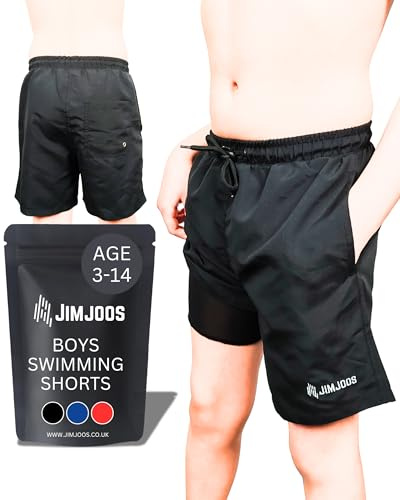 JIMJOOS Boys Swimming Shorts (Ages 3-14) – Quick-Dry Swim Trunks with Adjustable Drawstring & Boxer Mesh Lining – Kids Swim Shorts with Pockets (13-14 Years, Black)