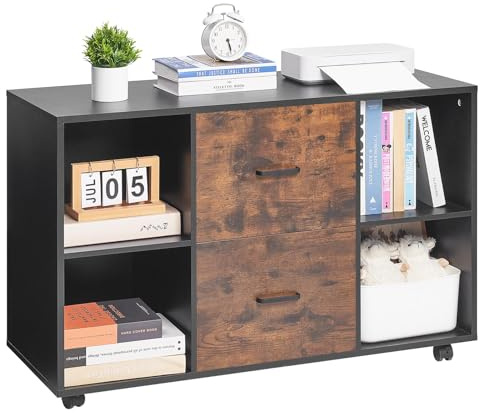 VEVOR Classeur Dossier Mobile en Bois, Meuble de Rangement de Bureau à 2 Tiroirs avec Étagères Ouvertes et roulettes Verrouillables, Support d'Imprimante Autonome pour Maison Bureau École, Noir