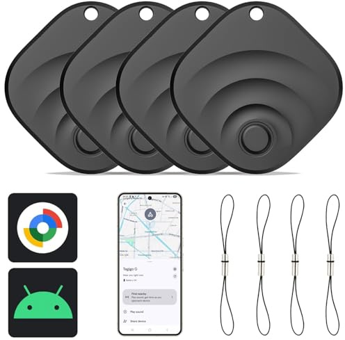Reyke Smart Tag, Compatible avec Google Find Hub, Android, Noir, Lot de 4 | Traceur Bluetooth pour clés, portefeuille, sac et valise; compatible avec Google Find Hub sur les appareils Android.