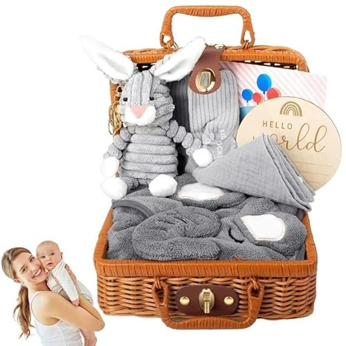 Coffret cadeau 7 en 1 pour bébé - Cadeaux de naissance - Panier cadeau pour fille et garçon - Avec couvertures pour bébé - Triangle - Animaux en peluche - Cartes de naissance - Chaussettes - Boîtes