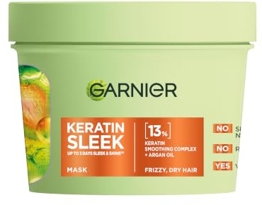 Garnier Keratin Sleek Hair Mask, Up to 3 Days of Sleek & Shine, with 13% Keratin Smoothing Complex and Argan Oil, For Frizz Prone & Dry Hair, Long Lasting Sleek Look, 370ml