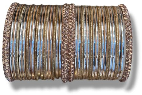 CHOHAN'S Traditional Indian Crystal Bangle Set for Women – 4 Metal Bangles + 10 Mixing + 24 Coloured Churi Bangles – Ethnic Bridal & Festive Jewellery Set – Lightweight & Durable