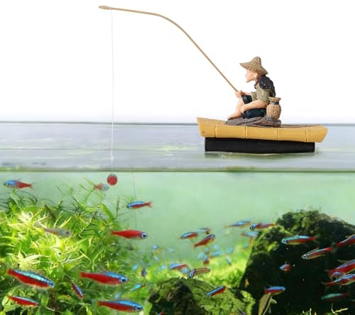 Swirge Floating Aquarium Decor, Fisherman Fish Tank Decorations, Sitting Fishing Figurine with Mini Fishing Rod Fun Feeder Aquarium Ornaments for Guppy Betta and Small Fish (Yellow)