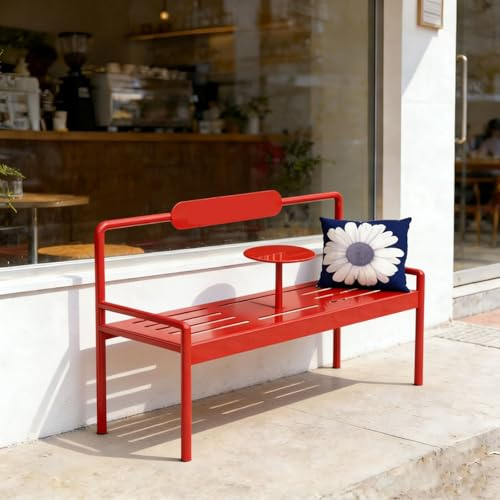 120cm Utomhusbänkar Väderbeständig, Trädgårdsbänk 2-personers Sittplats Verandamöbler, Uteplatsbänk med Ryggstöd, Armstöd och Litet Bord, Metallbänkar for Park Lawn Street(Red)