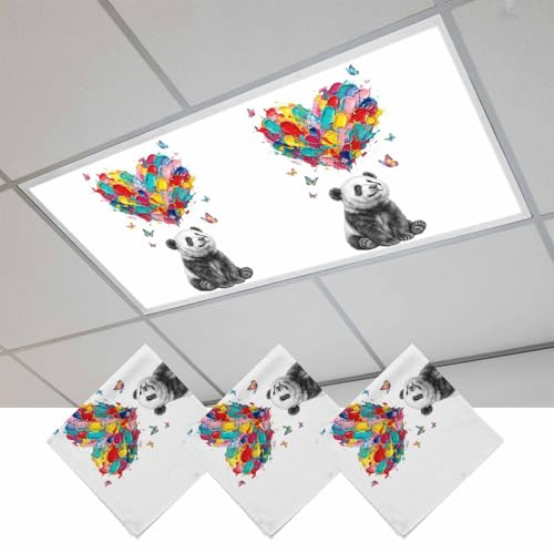 Fluorescent Light Covers, Cute Panda Magnetic Light Covers for Ceiling Lights, Modern Abstract Oil Painting Love Heart Fluorescent Ceiling Shade Filters for Classroom Bedroom Office 4x2Ft x 3PCS