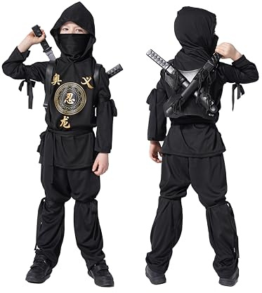 Udekit Costume de ninja noir pour enfants avec capuche, masque, fourreaux dorsaux et épées factices inclus. Déguisement idéal pour les enfants
