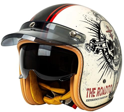 Casque De Moto Unisexe Casques Bols ECE Homologué, Classic Casque Moto Jet Vintage, Casques à Face Ouverte avec Visière, Casques Mobylette Rétro Homme 10,XXL=61-63cm