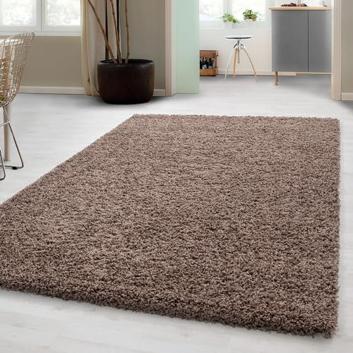 Carpetsale24 Shaggy Hochflor Teppich Wohnzimmer 120 x 170 cm Mokka - Moderner, Flauschiger Langflor Teppich – Weicher Carpet für Schlafzimmer, Esszimmer & als stilvoller Küchenteppich