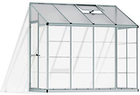 Palram - Canopia 4x8 Lean-To Greenhouse for Outdoors, Hobby Walk-In UV Polycarbonate Panels Heavy Duty Aluminum Frame, Lockable Door, Adjustable Roof Vent, Rain Gutters, Galvanized Steel Base, Hybrid