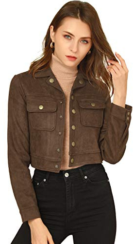 Allegra K Women's Casual Faux Suede Notched Collar Button Up Cropped Jacket with Pockets Medium Coffee