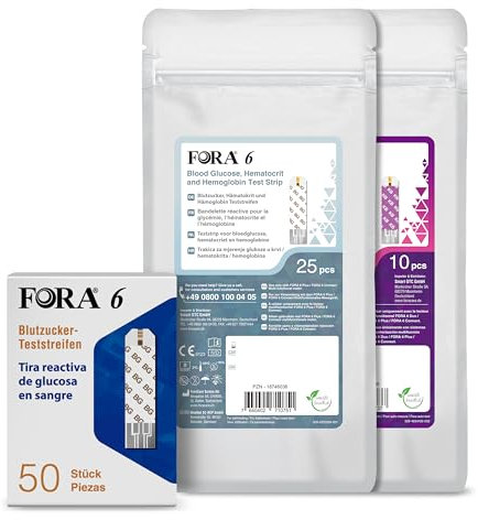 FORA Teststreifen Set – 50x Blutzucker, 25x 3-in-1 (Glukose, Hämatokrit, Hämoglobin), 10x β-Keton – kompatibel mit FORA 6 Connect Blutzuckermessgeräten