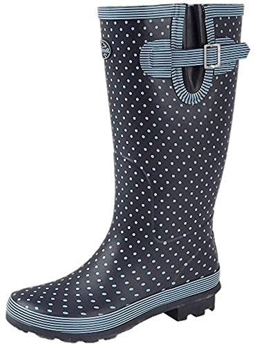 StormWells Womens Ladies Wide Calf Adjustable Wellies Waterproof Rain Festival Dog Walking Wellington Boots (5 UK, Navy/Blue Polka Dot, numeric_5)