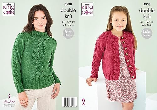 King Cole Ladies & Girls DK Knitting Pattern Cable Knit Sweater & Cardigan (5938), Multi, 24'' - 46''