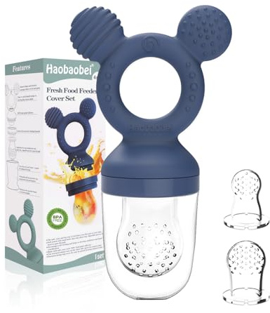 HAOBAOBEI Baby Fruit Feeder, Frozen Teething Toys, Infants Teether Pacifier with 3 Extra Teats, Toddler Eating Essentials, BPA Free Feeding Supplies (Steel Blue)