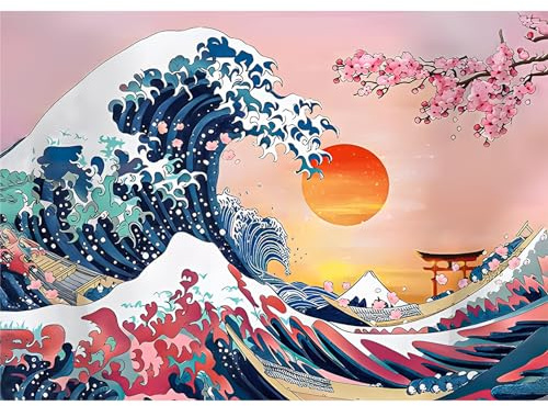 DAERLE 5D DIY Diamond Painting Kit Completo Fiori di ciliegio, Onde Quadro Diamant Painting Fai-da-te, Pittura Diamante Strass Ricamo a Punto Croce Painting per Decorazioni Casa 40x30cm Paesaggio