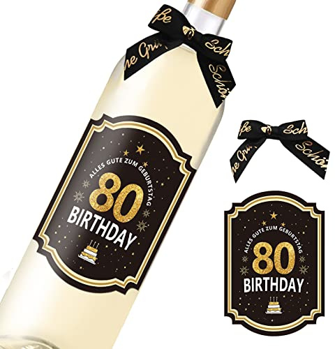 Etiqueta para botella de cumpleaños 80 con lazo, acabado en oro negro, 8,5 x 11,5 cm, Happy Birthday 80, decoración de cumpleaños, regalos para mujeres y hombres