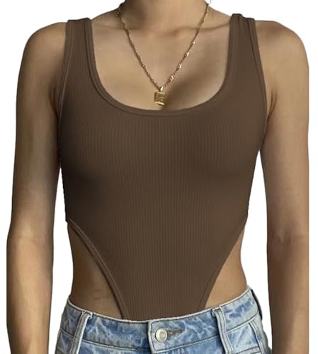 SHEKINI Body damer tank elegant bodysuit bodies ribbstickad ärmlös bodys U-hals stringbody underbody tanga topp outfit shapewear body shaper, BRUN, M