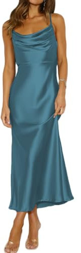 Mogidol, Abito Estivo in Raso con Spalline Sottili, Scollo a Cappuccio e Schiena Scoperta, Elegante Abito da Cocktail con Arricciatura sulla Schiena e Lacci, Blu Scuro, M