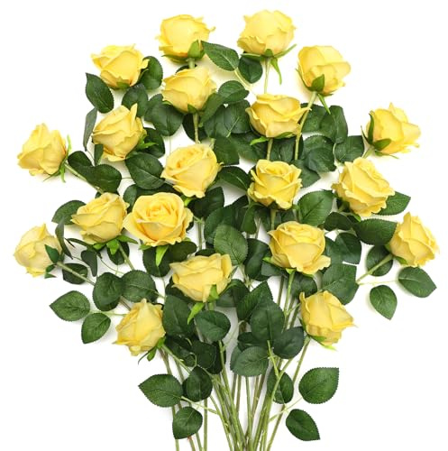 JUSTOYOU 20 PCS Rosas Amarillas Artificiales, Rosas de Seda Florecientes con Tallo, Ramo de Rosas Artificiales Realistas para Casa, Mesa, Oficina, Fiesta, Boda, Arreglos de Jardín (rosa amarilla)