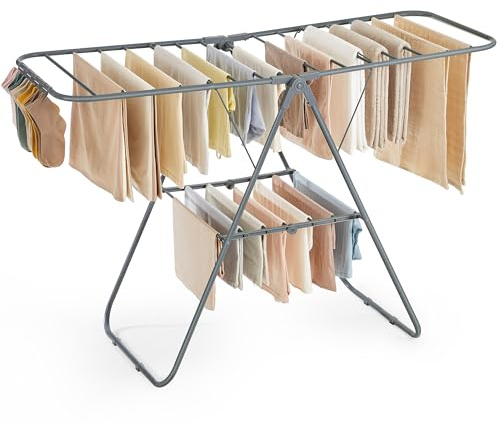 SONGMICS Clothes Drying Rack, with Sock Clips, Metal Laundry Rack, Foldable, Space-Saving, Free-Standing Airer, with 2 Height-Adjustable Gullwings, Indoor Outdoor Use, Gray ULLR052G01