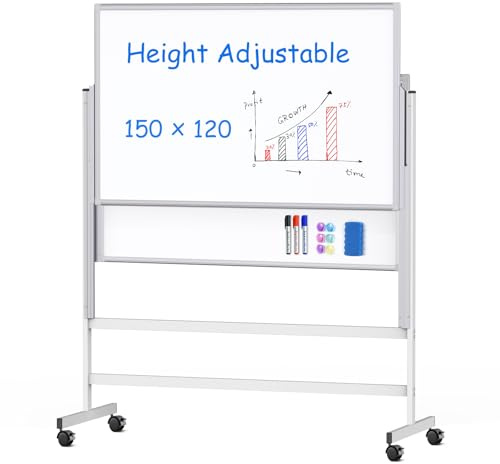 maxtek Mobiles Whiteboard mit Ständer 150 x 120 cm, Magnetisches Flipchart auf Rollen, Aluminiumrahmen, Höhenverstellbar und Doppelseitig, Bestehend aus zwei Whiteboards à 75 x 120 cm, Ideal für Büro