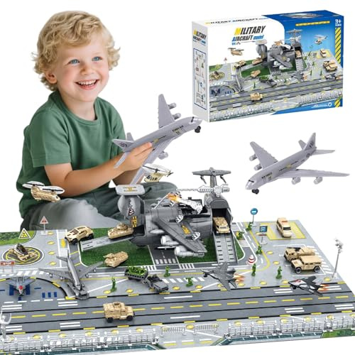 Set di Giocattoli Aereo da Trasporto Cargo Militare, Auto, mini veicolo da combattimento, soldato, elicottero, modello di aereo, Kit giocattolo per veicoli militari, mappa di gioco per bambini età 3+