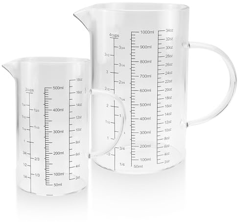 IIRC Juego de vasos medidores de cristal, 500 ml + 1 L, con 3 escalas de medición (Ml/Oz/tazas), para hornear y cocinar, apto para microondas y lavavajillas