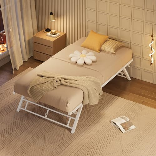 Garvee Trundle Bed Twin with Lockable Wheels, Pop Up Twin Trundle Bed, Sturdy Metal Foldable Bed Frame for Living Room,Bedroom and Guest Room, White
