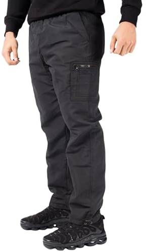Men’s Thermal Fleece-Lined Cargo Trousers – Windproof Water-Resistant Work Combat Pants with Multi Pockets, Elasticated Waist & Drawstring for Walking & Outdoor, Biker Cyclist Use - Black XL